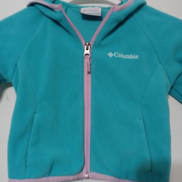 Columbia Girl's 2T Full Zip Aqua w pink trim long sleeve hooded fleece jacket - Picture 2 of 6